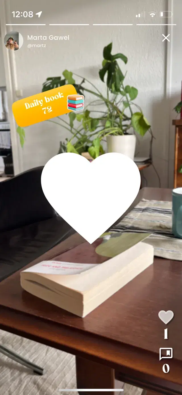 Habicy post: a friend's Daily book check-in photo at streak 72, with a like blooming as a big heart over it