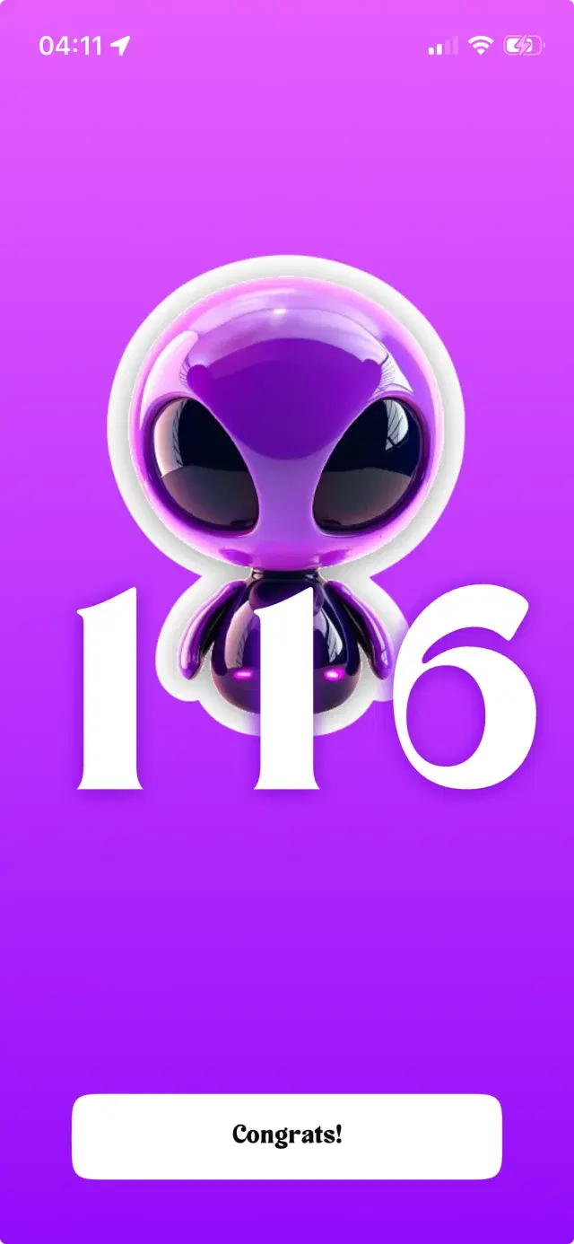 Habicy milestone screen: the app's glossy purple alien mascot over a big 116-day streak count and a Congrats! button