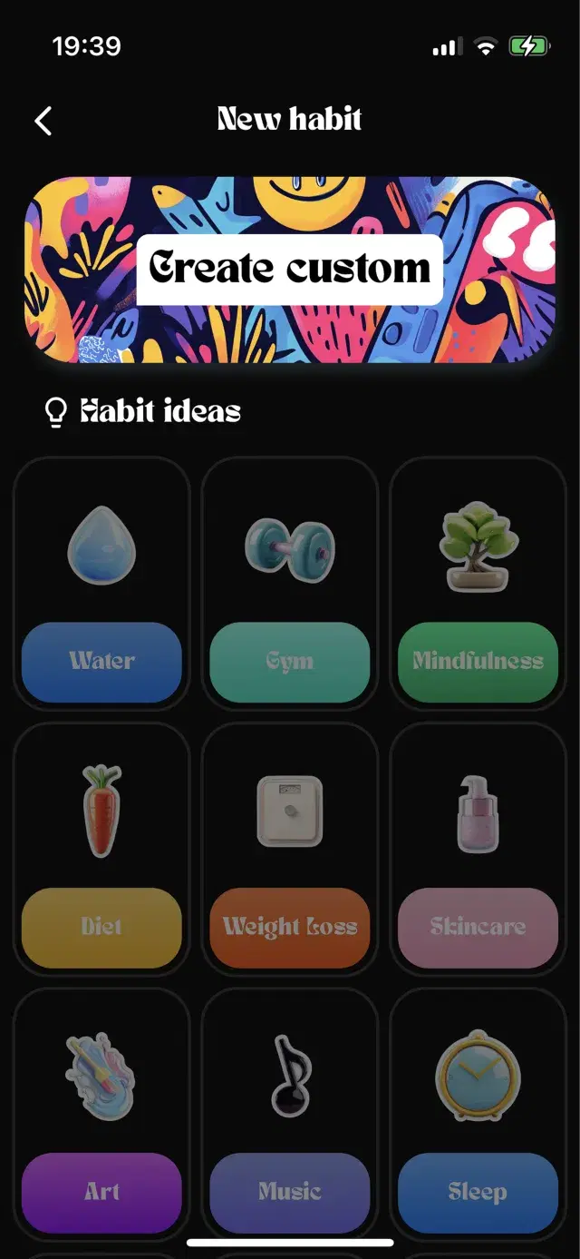 Habicy new-habit screen: a Create custom art banner above habit ideas - water, gym, mindfulness, diet - each with its own 3D sticker