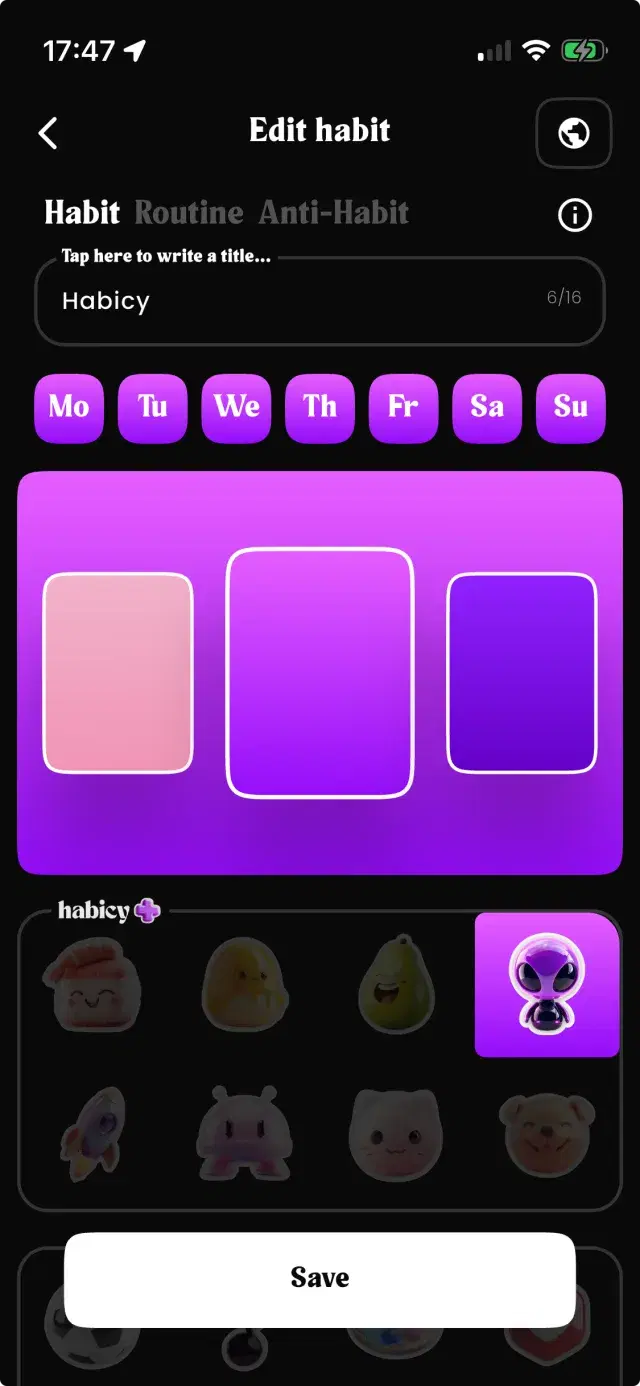 Habicy edit-habit screen: Habit, Routine and Anti-Habit types, weekday schedule chips, a three-shade palette and the 3D sticker picker
