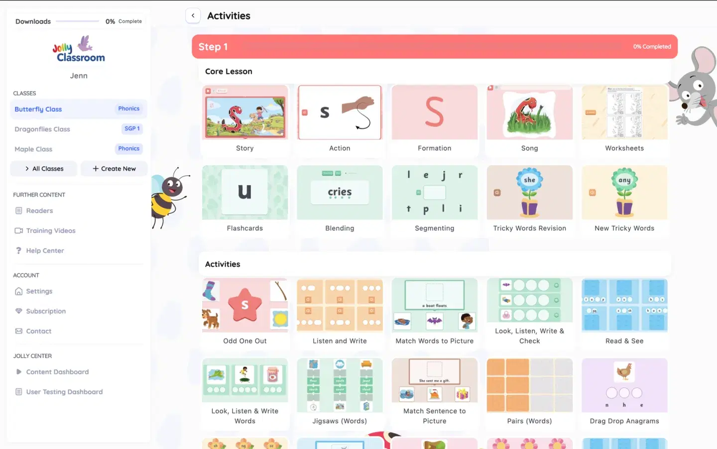 Jolly Classroom activities screen: a core lesson of story, action, formation, song and worksheets above a grid of phonics activities, with classes in the sidebar