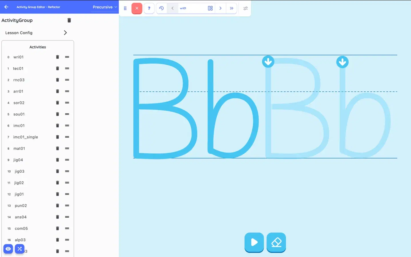Jolly content editor: an activity group with a letter-formation preview of the letter B and a reorderable list of activity codes
