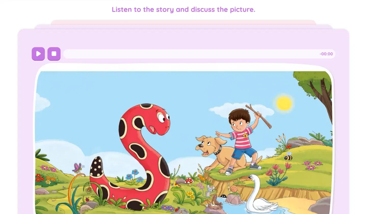 Jolly Classroom story activity: an illustrated scene with a snake and a boy, with the prompt "Listen to the story and discuss the picture"