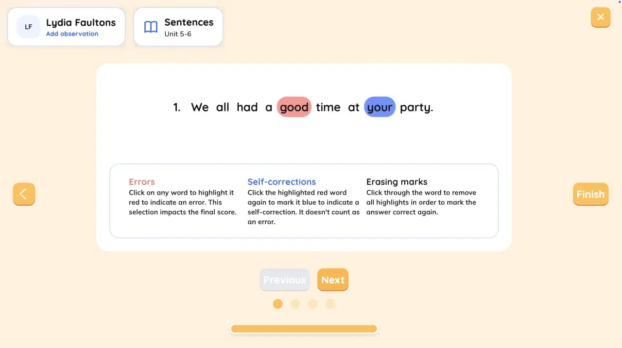 The teacher's grading screen mid-assessment: the sentence 'We all had a good time at your party' with one word marked as an error, one as a self-correction, and the marking guide beneath
