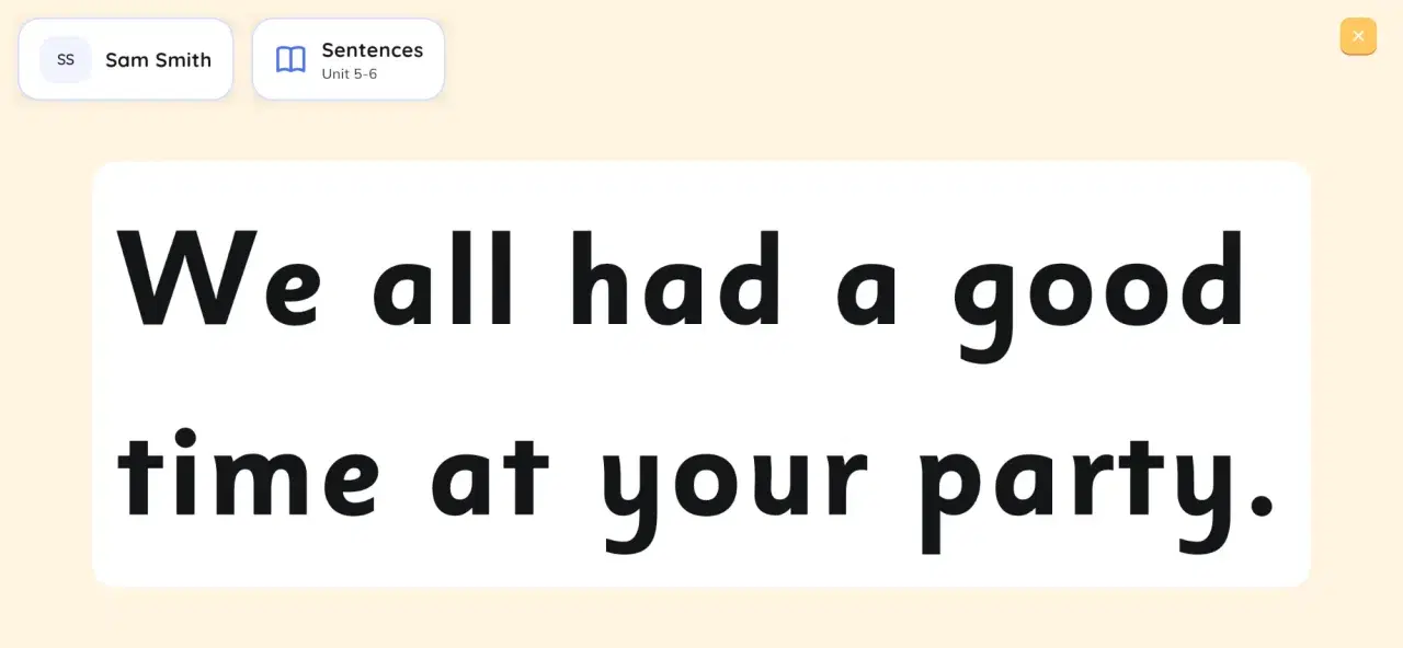 The pupil's side of a synced assessment: the sentence full screen, set in the letter-formation font