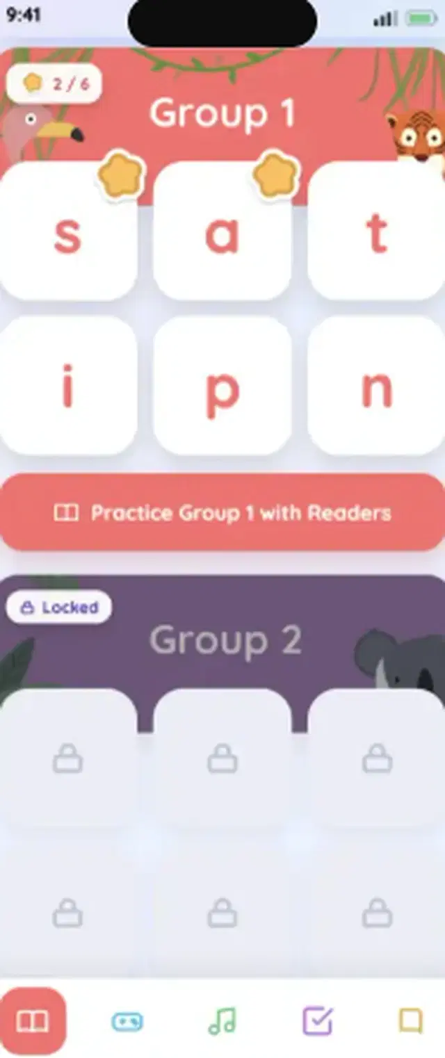 The rebuilt Lessons home: Group 1 letter-sound tiles with earned star stickers under a jungle-art banner, a readers practice button, and the locked Group 2 waiting below