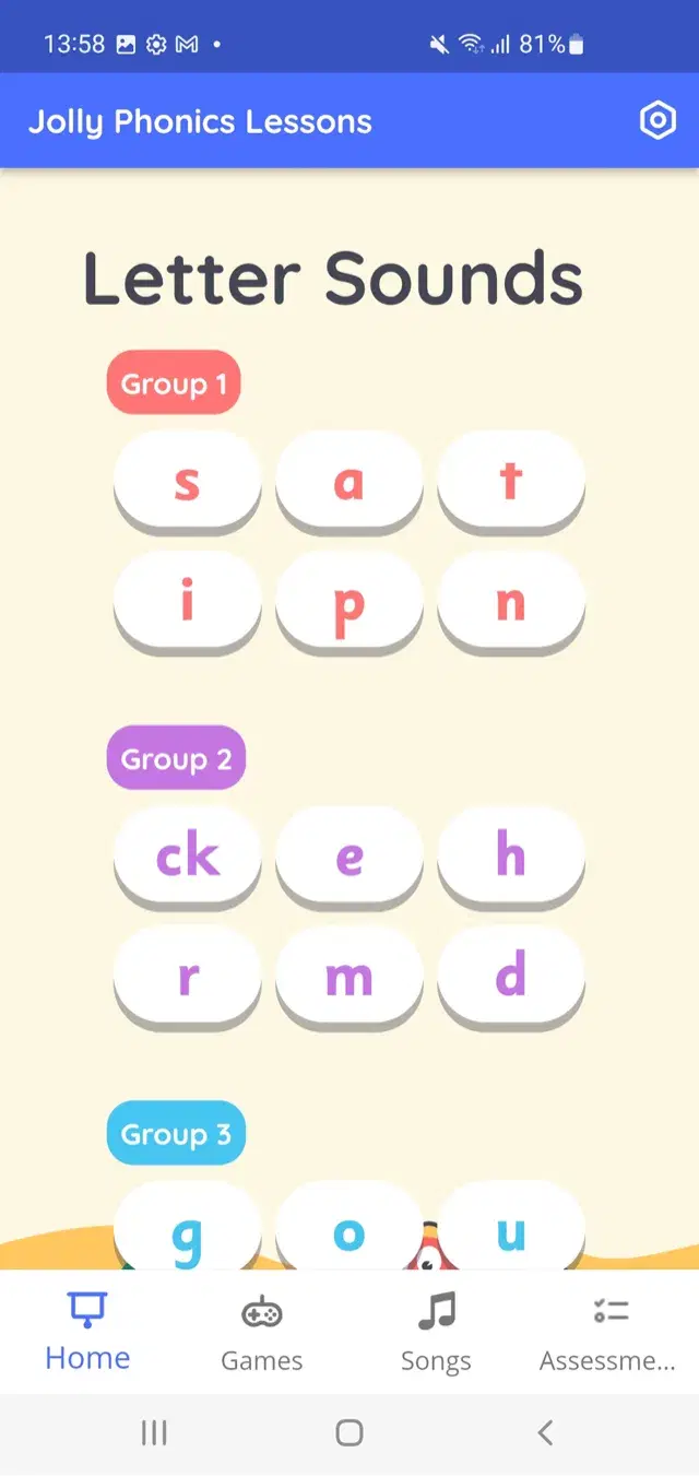 The inherited Jolly Phonics Lessons home: letter-sound groups as plain white pills on a cream background under a stock blue Material Design app bar