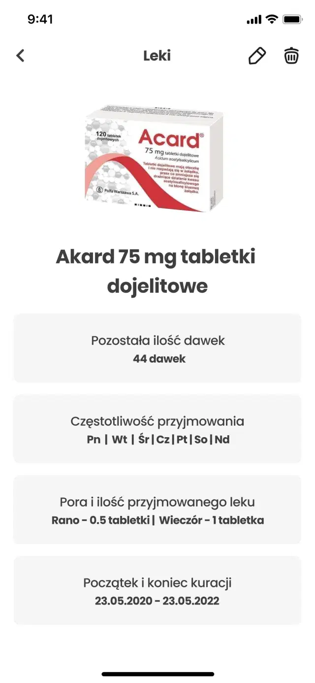 Moje Zdrowie+ medication detail for Acard: doses remaining and the dosing schedule against the therapy's start and end dates
