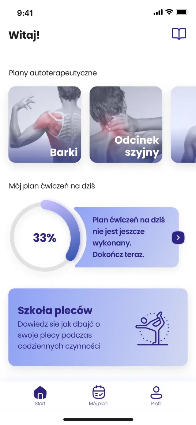 Moje Fizjo+ dashboard: therapy plans for Barki (shoulders) and Odcinek szyjny (cervical spine), a daily plan at 33 percent