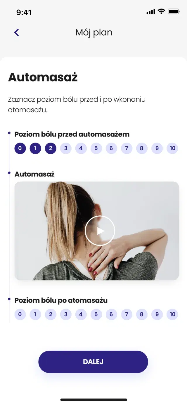 Moje Fizjo+ exercise screen for Automasaz: before and after pain-scale sliders around an instructional video