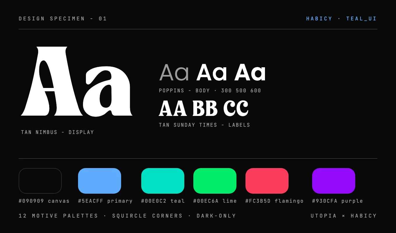 Habicy design specimen: Tan Nimbus display type over a dark canvas with the habit motive palette