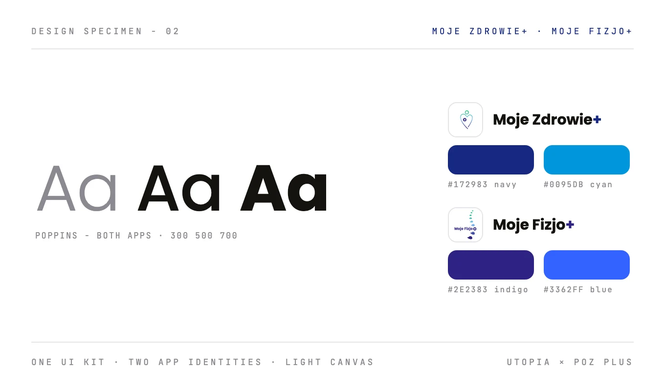 Moje Zdrowie+ and Moje Fizjo+ design specimen: shared Poppins type, two palettes - navy and cyan, indigo and blue - on a light canvas
